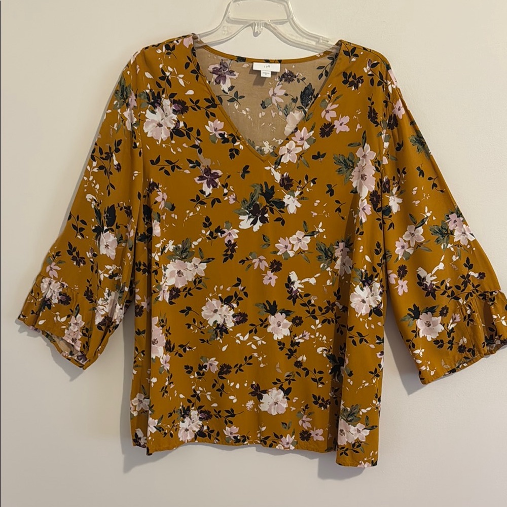 J Jill Yellow and Brown Floral Bell Sleeve Blouse XL